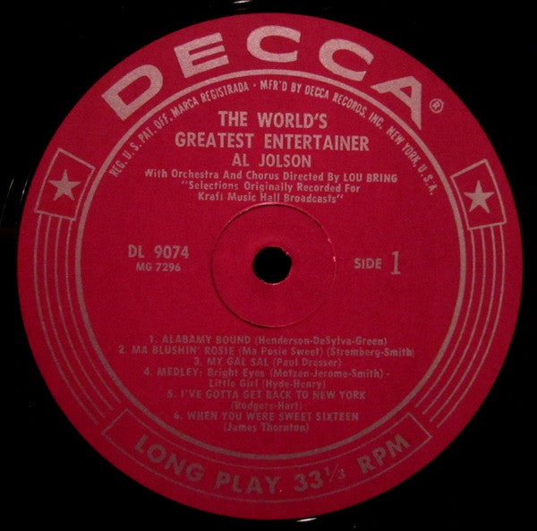 Al Jolson : The World's Greatest Entertainer (LP, Album, Mono)