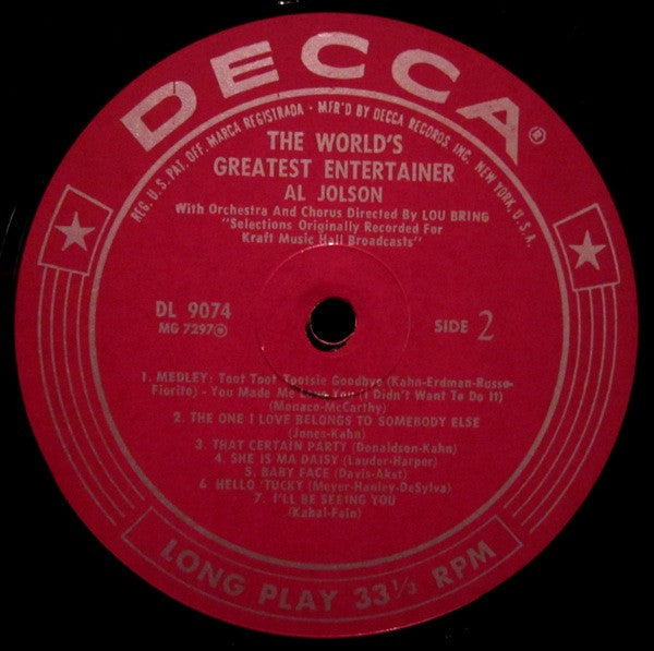 Al Jolson : The World's Greatest Entertainer (LP, Album, Mono)