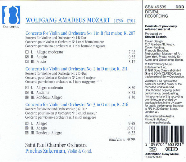 Wolfgang Amadeus Mozart, Pinchas Zukerman, The Saint Paul Chamber Orchestra : Violin Concertos No.1, 2 & 3 (CD, Album)