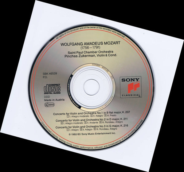 Wolfgang Amadeus Mozart, Pinchas Zukerman, The Saint Paul Chamber Orchestra : Violin Concertos No.1, 2 & 3 (CD, Album)