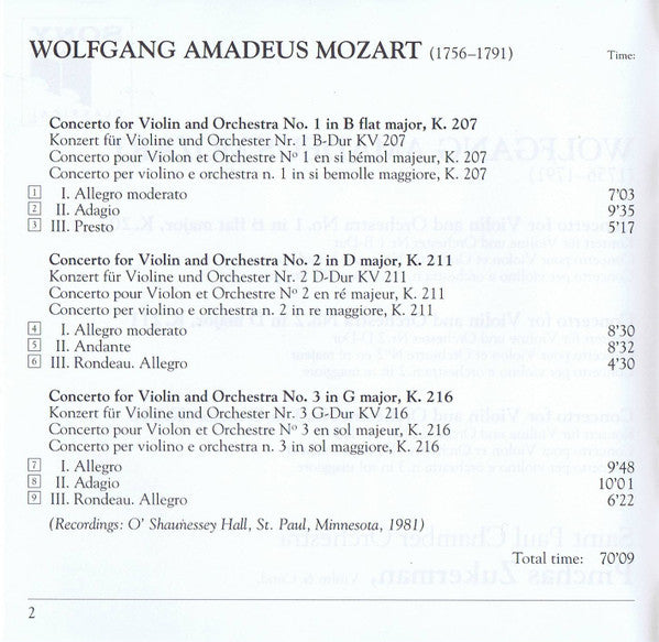 Wolfgang Amadeus Mozart, Pinchas Zukerman, The Saint Paul Chamber Orchestra : Violin Concertos No.1, 2 & 3 (CD, Album)