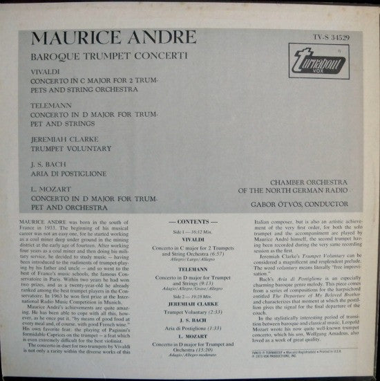 Maurice André - Kammerorchester Des Norddeutschen Rundfunks, Gabor Ötvös : Baroque Trumpet Concerti (LP)