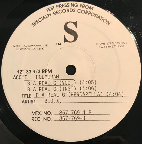 B.O.X. : Low Down / B A Real G (12", TP)