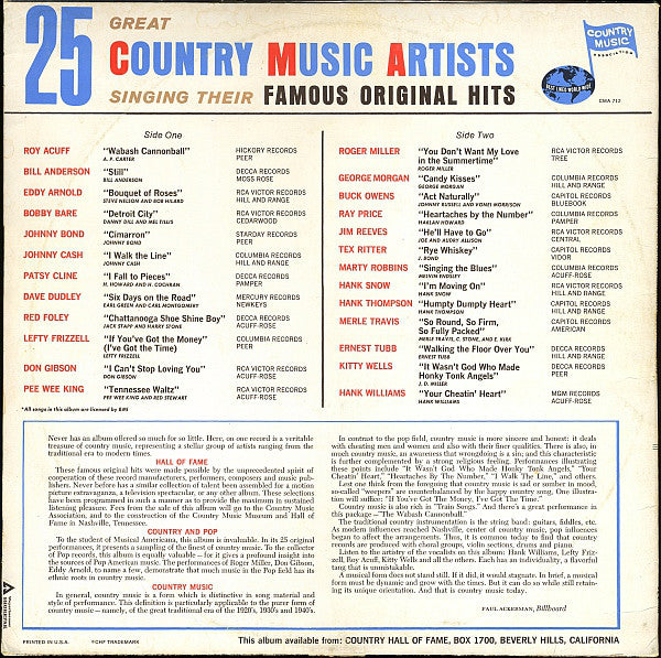 Various : Famous Original Hits By 25 Great Country Music Artists (LP, Album, Comp, Mono)