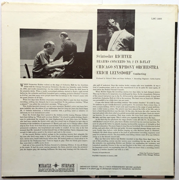 Johannes Brahms / Sviatoslav Richter, The Chicago Symphony Orchestra, Erich Leinsdorf : Concerto No. 2 (LP, Ind)