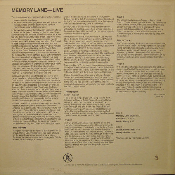 The Hampton Hawes All-Stars : Memory Lane Live (LP, Album)