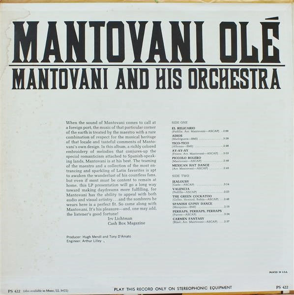 Mantovani And His Orchestra : Mantovani Olé (LP)