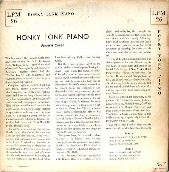 Frankie Carle : Honky Tonk Piano (10")