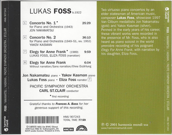 Lukas Foss / Jon Nakamatsu • Yakov Kasman • Pacific Symphony Orchestra • Carl St. Clair (2) : Piano Concertos • Elegy For Anne Frank (CD, Album)