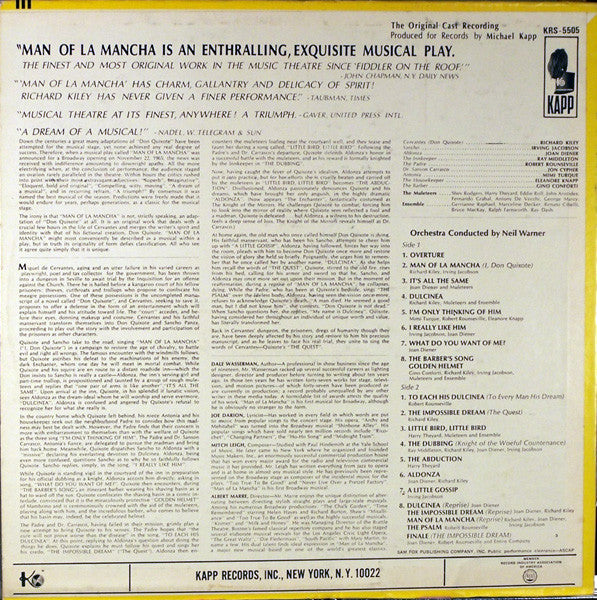 "Man Of La Mancha" Original Broadway Cast, Richard Kiley, Joan Diener, Irving Jacobson, Robert Rounseville, Ray Middleton : Man Of La Mancha (LP, Album)
