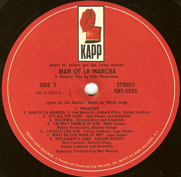 "Man Of La Mancha" Original Broadway Cast, Richard Kiley, Joan Diener, Irving Jacobson, Robert Rounseville, Ray Middleton : Man Of La Mancha (LP, Album)