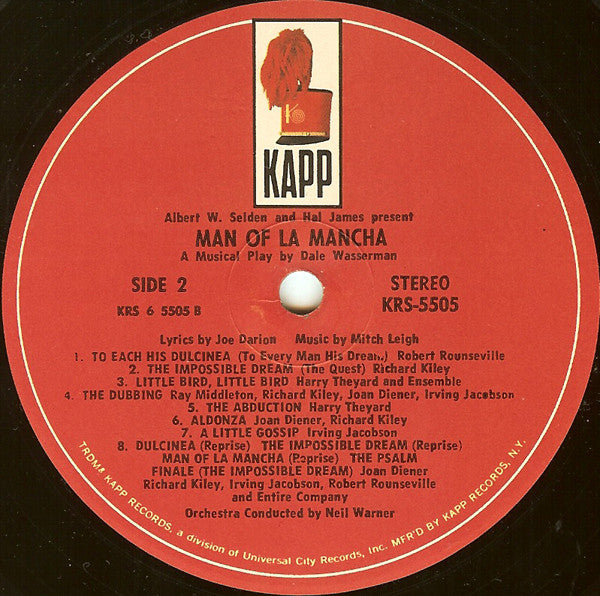 "Man Of La Mancha" Original Broadway Cast, Richard Kiley, Joan Diener, Irving Jacobson, Robert Rounseville, Ray Middleton : Man Of La Mancha (LP, Album)