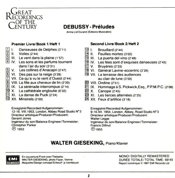 Debussy*, Walter Gieseking : Préludes (CD, Comp, Mono, RM)