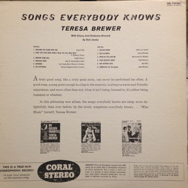 Teresa Brewer : Songs Everybody Knows (LP, Album, RP)
