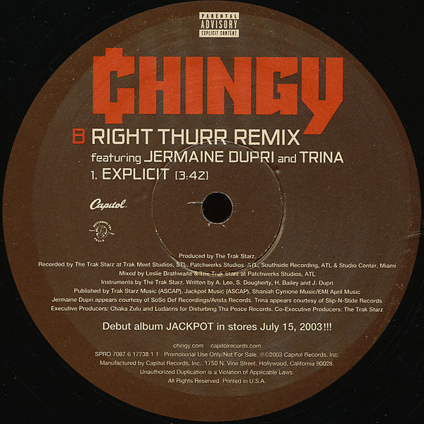 Chingy : Right Thurr (Remix) (12", Promo)