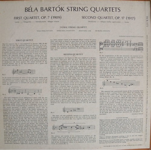 Béla Bartók - Tátrai Quartet : String Quartets (First Quartet. Op. 7 · Second Quartet. Op. 17) (LP)