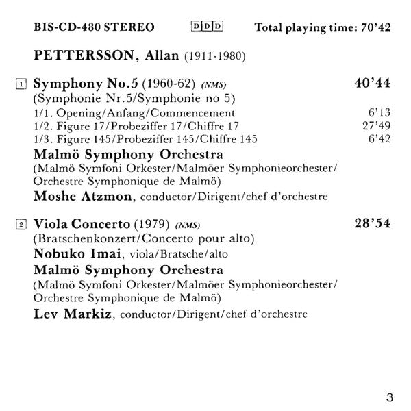 Allan Pettersson - Nobuko Imai – Malmö Symphony Orchestra, Moshe Atzmon / Lev Markiz : Symphony No. 5 – Viola Concerto (CD)