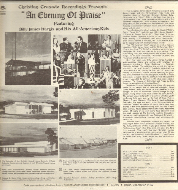 Billy James Hargis And His The All American Kids : "An Evening Of Praise" (LP, Album)