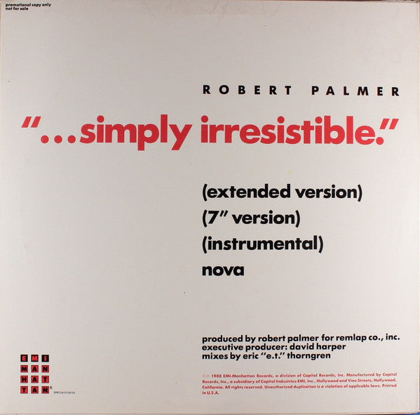 Robert Palmer : Simply Irresistible (Extended Version) (12", Promo)