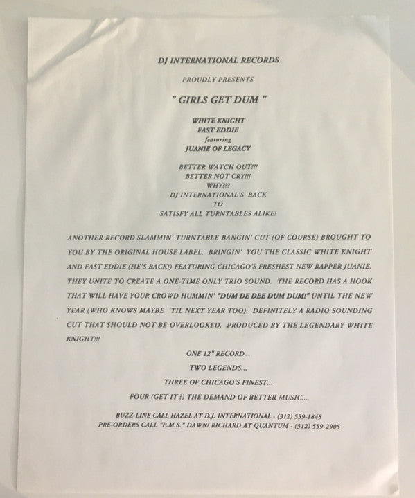 White Knight & "Fast" Eddie Smith : Girls Get Dum! (12", W/Lbl)