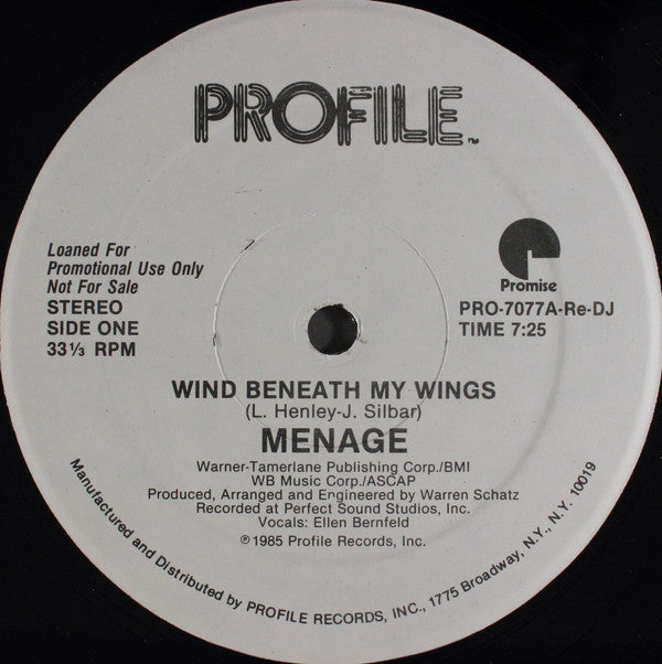 Menage (2) : Wind Beneath My Wings (12", Promo)