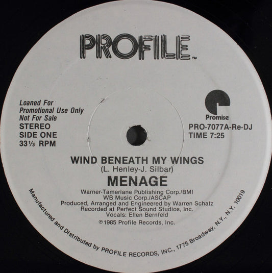 Menage (2) : Wind Beneath My Wings (12", Promo)