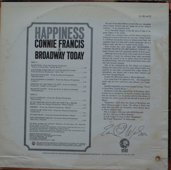 Connie Francis : Happiness - From The Hit Show "You're A Good Man, Charlie Brown" (LP, Mono)