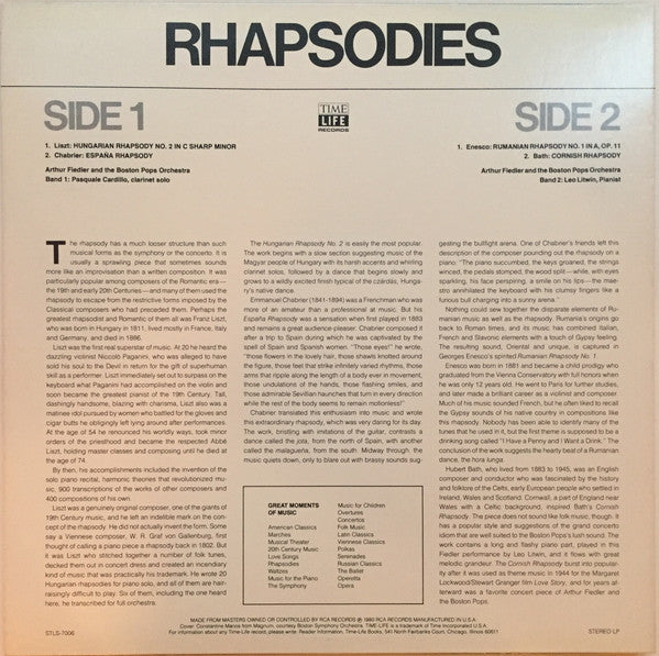 Arthur Fiedler And The Boston Pops Orchestra : Great Moments Of Music: Rhapsodies (LP, Comp)