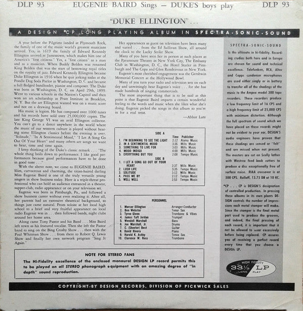 Eugenie Baird : Eugenie Baird Sings, Duke's Boys Play Ellington (LP, Album, Mono)