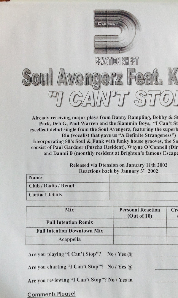 Soul Avengerz Feat. Kat Blu : I Can't Stop (12", TP)