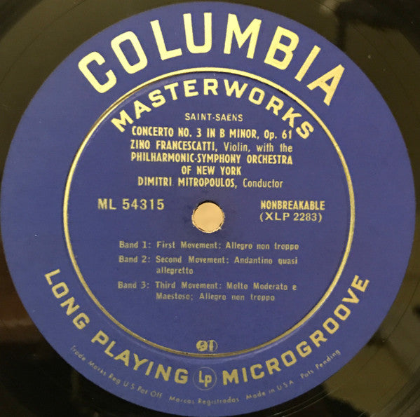 Niccolò Paganini, Camille Saint-Saëns, Zino Francescatti : Paganini: Concerto No.1 In D Major, Op. 6 + Saint Saëns: Concerto No. 3 In B Minor, Op. 61 (LP, Album, Mono)
