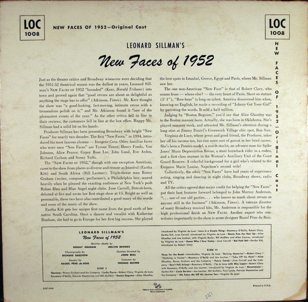 "New Faces Of 1952" Cast : Leonard Sillman's New Faces Of 1952 (LP)