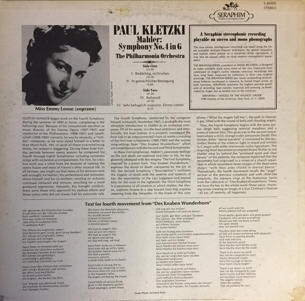 Gustav Mahler, Paul Kletzki, Philharmonia Orchestra, Emmy Loose : Symphony No. 4 In G (LP, RE)