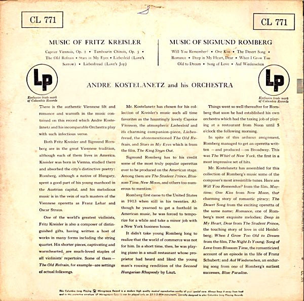 André Kostelanetz And His Orchestra : Music Of Fritz Kreisler And Sigmund Romberg (LP, Album, Mono, RE)