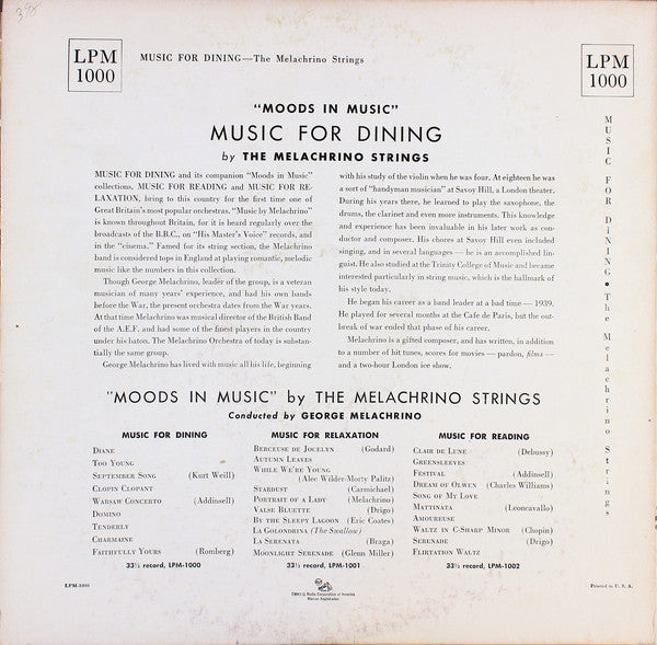 The Melachrino Strings : Music For Dining (LP, Album, Mono)