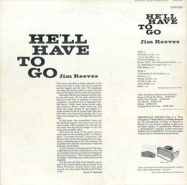 Jim Reeves : He'll Have To Go (LP, Album, Mono, Ind)