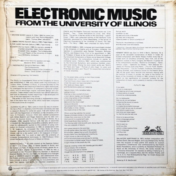 Herbert Brün / Kenneth Gaburo / Charles Hamm / Lejaren Hiller / Salvatore Martirano : Electronic Music From The University Of Illinois (LP, Album)