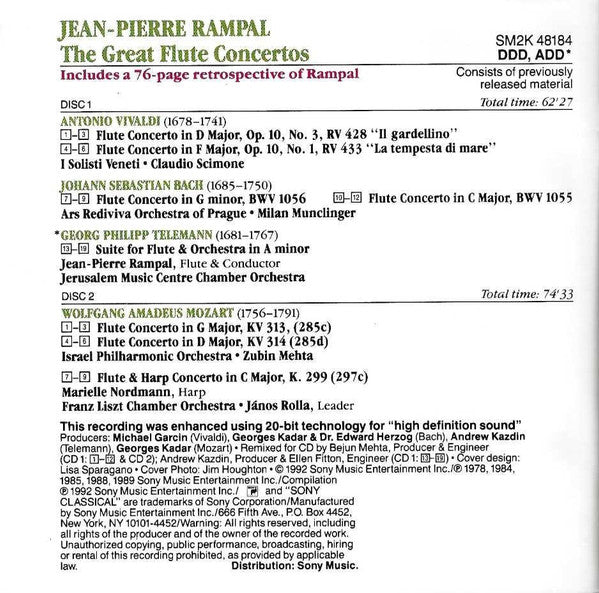 Jean-Pierre Rampal – Johann Sebastian Bach • Wolfgang Amadeus Mozart • Georg Philipp Telemann • Antonio Vivaldi : The Great Flute Concertos (2xCD, Comp)