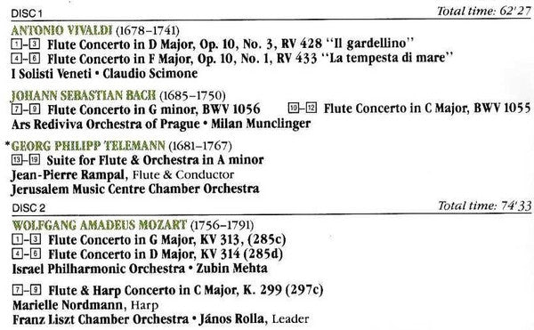 Jean-Pierre Rampal – Johann Sebastian Bach • Wolfgang Amadeus Mozart • Georg Philipp Telemann • Antonio Vivaldi : The Great Flute Concertos (2xCD, Comp)