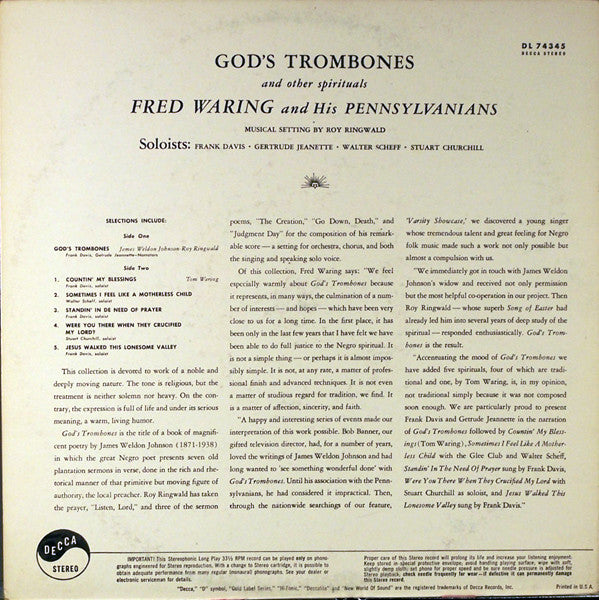 Fred Waring & The Pennsylvanians : God's Trombones (LP, Album, Comp, Glo)