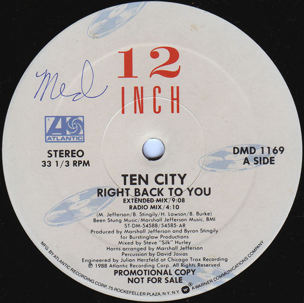 Ten City : Right Back To You (12", Promo)
