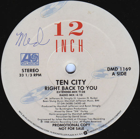 Ten City : Right Back To You (12", Promo)