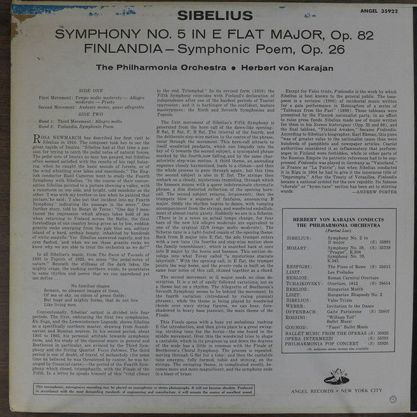 Jean Sibelius - Herbert von Karajan, Philharmonia Orchestra : Symphony No. 5 In E Flat Major. Op. 82. /  Finlandia Op. 26 (LP, Mono, RP, Scr)
