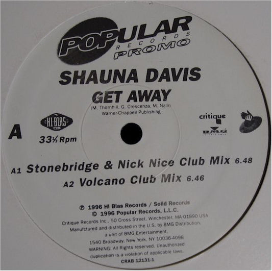 Shauna Davis : Get Away (12", Promo)