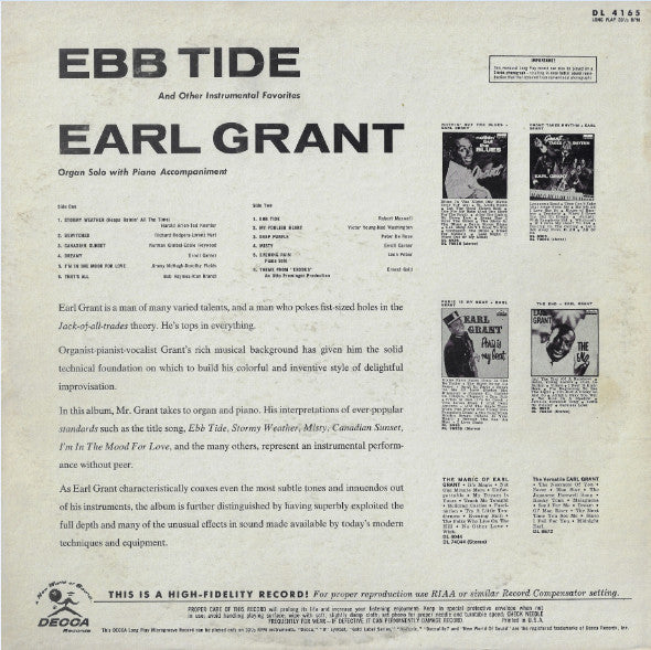 Earl Grant : Ebb Tide And Other Instrumental Favorites (LP, Album, Mono)