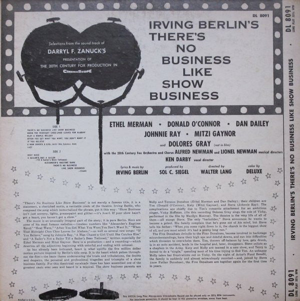 Irving Berlin  /   Ethel Merman, Donald O'Connor, Dan Dailey, Johnnie Ray, Mitzi Gaynor, Dolores Gray with Twentieth Century-Fox Studio Orchestra And Twentieth Century-Fox Studio Chorus : Irving Berlin's There's No Business Like Show Business (LP, Album, Mono)