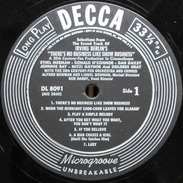 Irving Berlin  /   Ethel Merman, Donald O'Connor, Dan Dailey, Johnnie Ray, Mitzi Gaynor, Dolores Gray with Twentieth Century-Fox Studio Orchestra And Twentieth Century-Fox Studio Chorus : Irving Berlin's There's No Business Like Show Business (LP, Album, Mono)