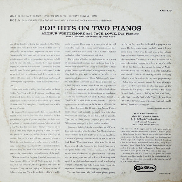 Arthur Whittemore, Jack Lowe : Pop Hits On Two Pianos (LP, Mono)