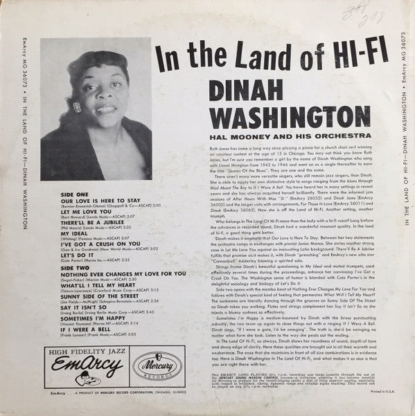 Dinah Washington : In The Land Of Hi-Fi (LP, Album, Mono, RE)