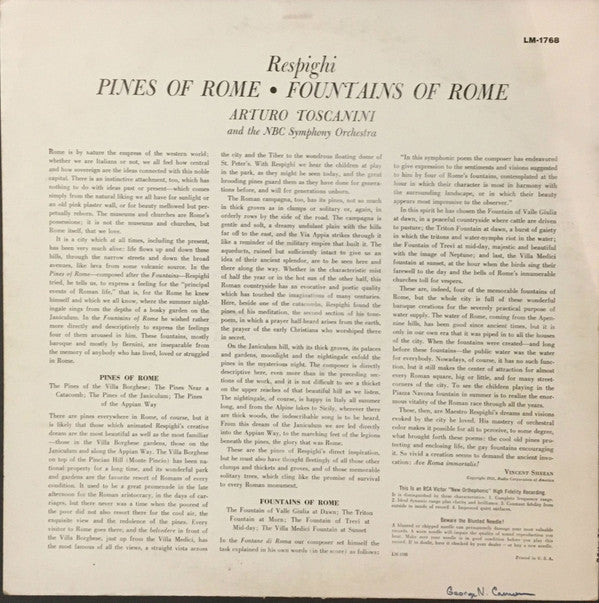 Ottorino Respighi - Arturo Toscanini : Fountains Of Rome / Pines Of Rome (LP, Album, Mono)